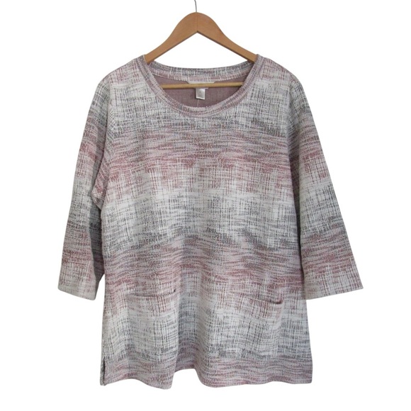 Christopher Banks CJ Pink White Gray Textured Knit Top XL 3/4 Sleeves Pockets - Picture 1 of 11